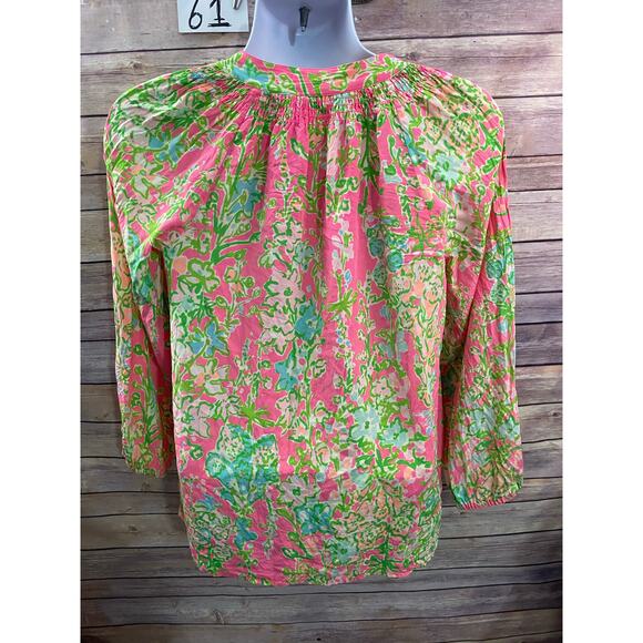 Lilly Pulitzer Elsa Silk Top, Roxie Pink Floral Long Sleeve Blouse Size Large - Picture 2 of 11